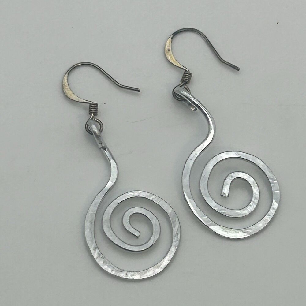 Vintage Large Handmade Silver Wire Swirl Dangle Earrings for Pierced Ears